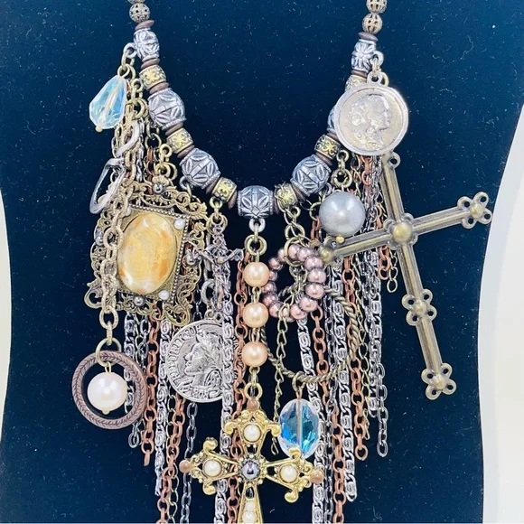 Treska Artisan Necklace Statement NEW Cross Coin Beaded Multicolored Funky Boho - Picture 13 of 14